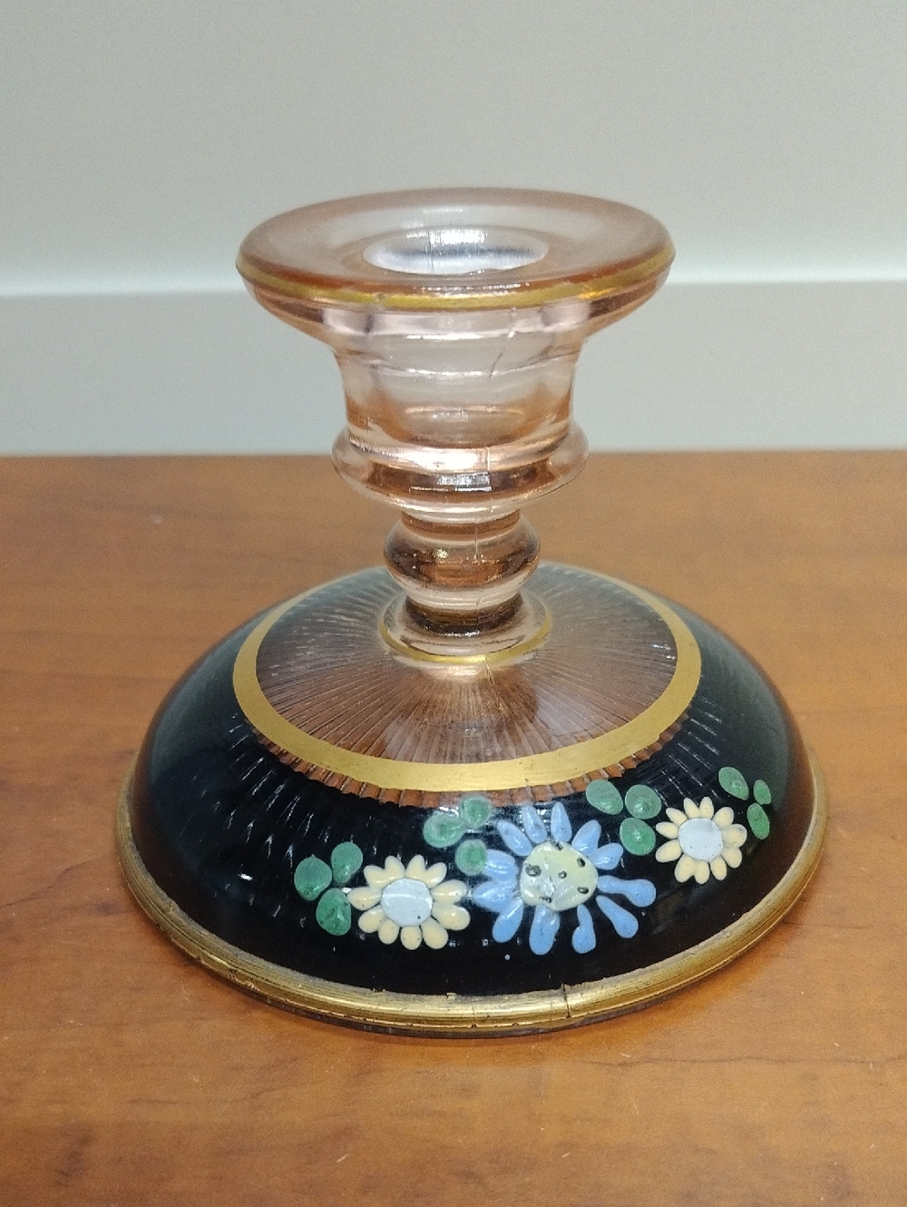 Vintage Hand-Painted Pink Depression Glass Candle Holder in Black and Gold